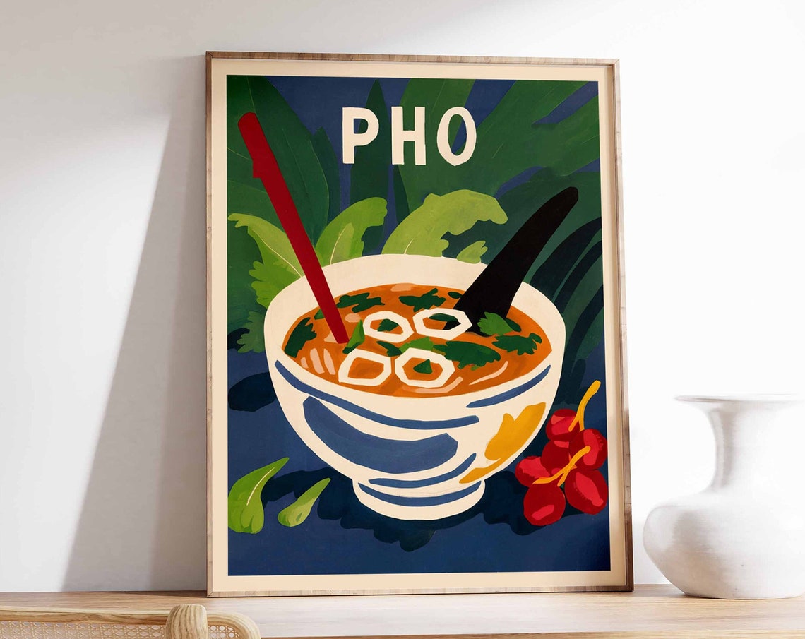 Vietnamese Pho Bowl Chopsticks Tropical Leaves Kitchen Art Poster