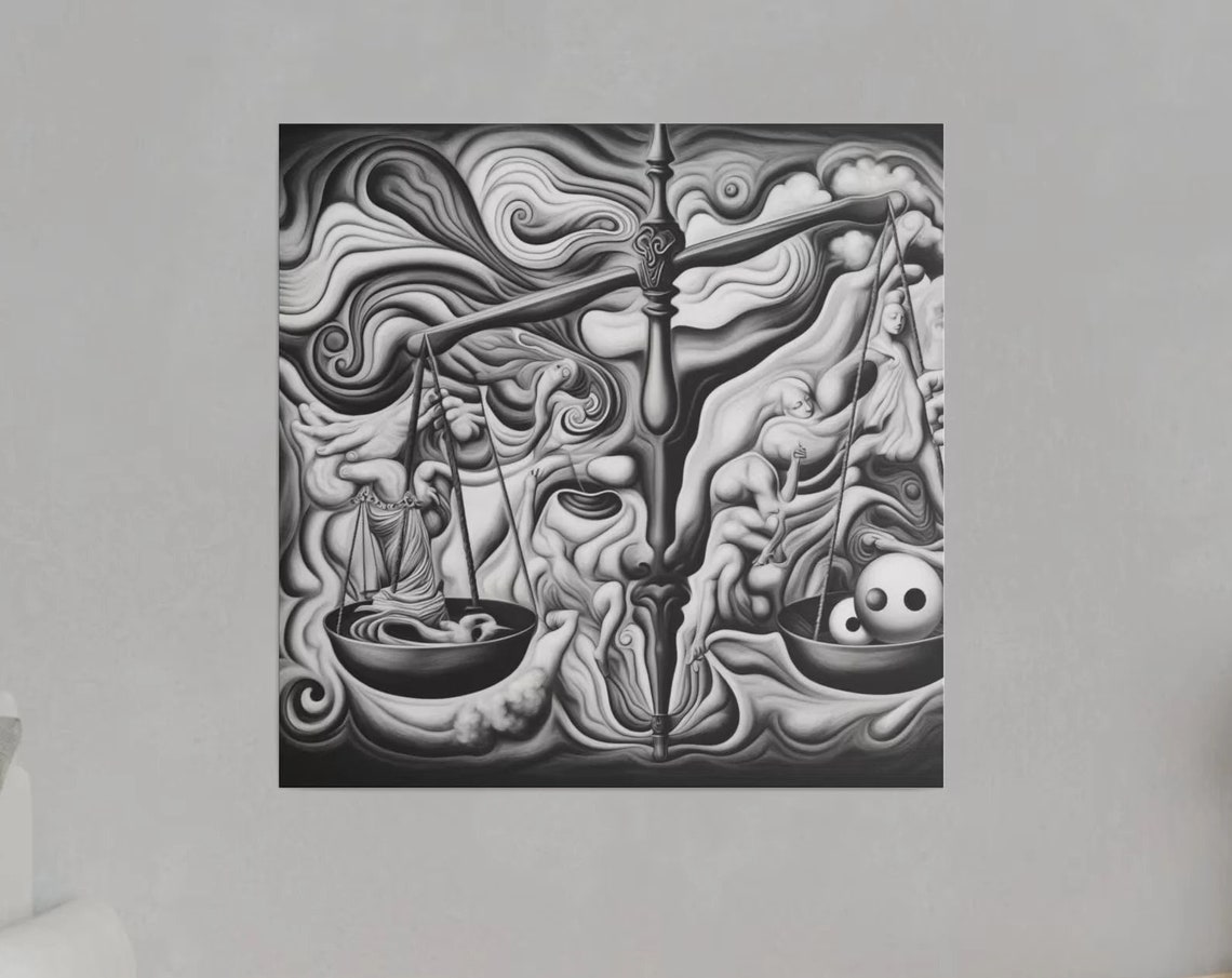 Surreal Black and White Balance Scale Cosmic Surrealist Art Poster