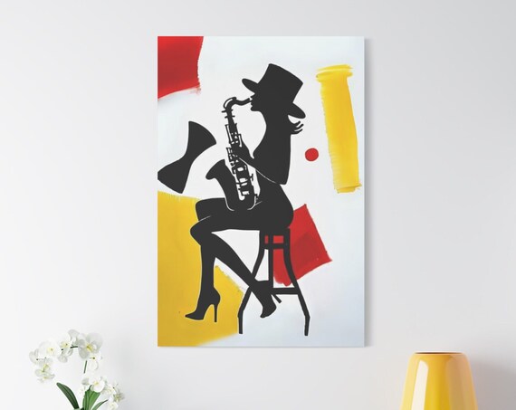 Black Silhouette Woman Saxophone Player Red Yellow Abstract Jazz Art Poster