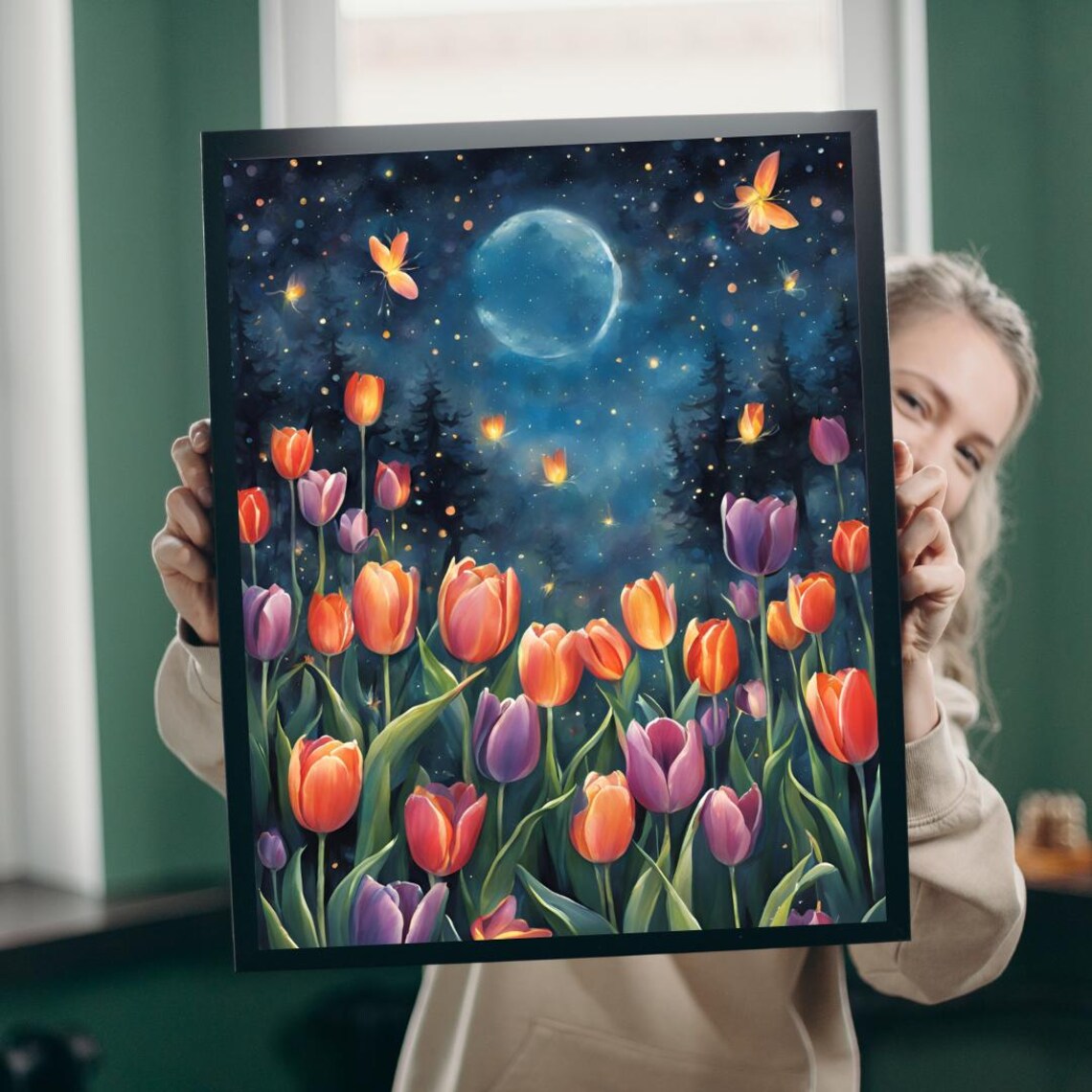 Moonlit Tulip Garden, Tranquil Night Fantasy Art Print