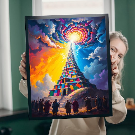 Tower Of Babel Multicolor Crowd Stormy Sky Biblical Art Print