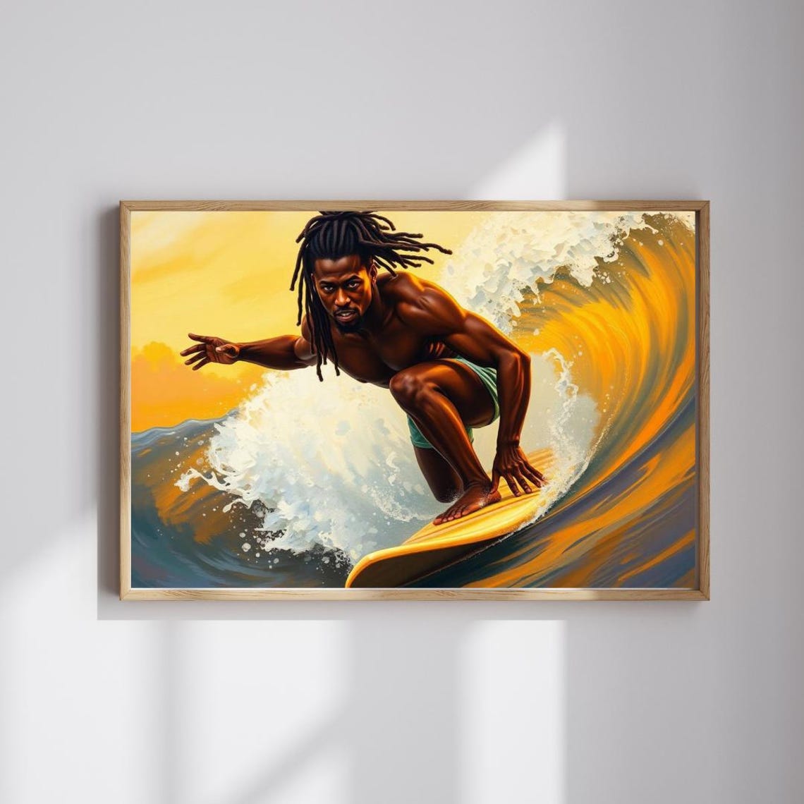Black Surfer Riding Bold Golden Wave Sunset Ocean Surf Art Print