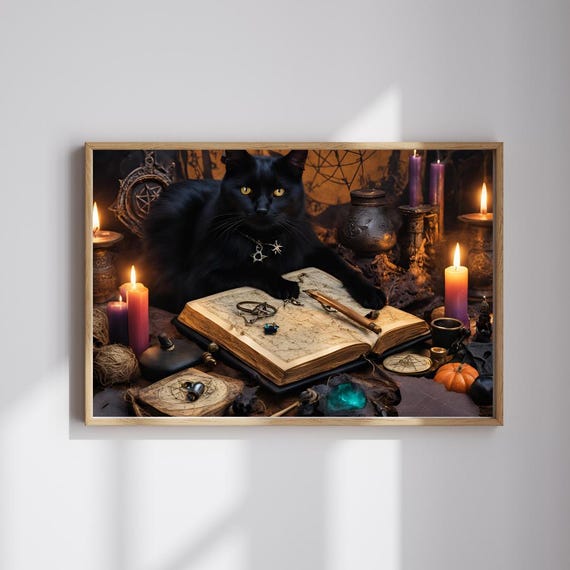 Mystical Black Cat Spellbook Witchy Gothic Fantasy Art Poster