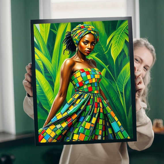 African Woman Vibrant Colorful Patchwork Dress Tropical Leaf Portrait Print