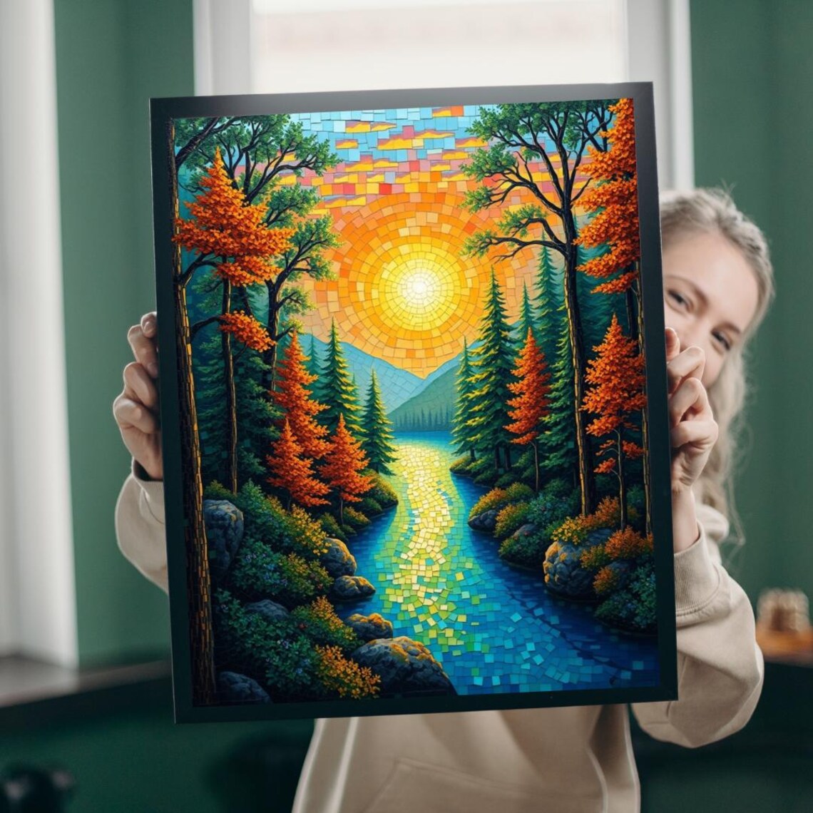 Mosaic Autumn Forest River Sunset Golden Fall Foliage Art Poster