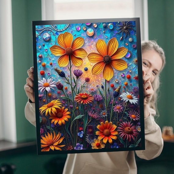 Golden Flower Mosaic Poster Amber Blooms Blue Stained Glass Gem Art