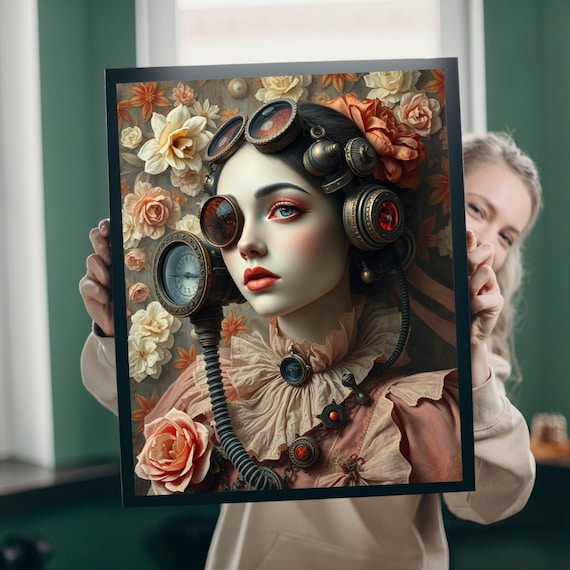 Steampunk Woman Brass Goggles Victorian Floral Art Soft Poster