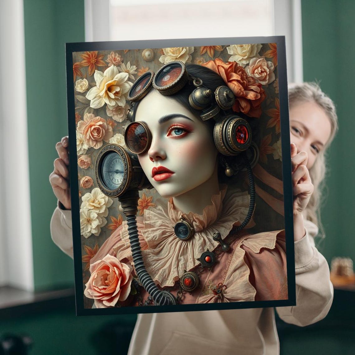 Steampunk Woman Brass Goggles Victorian Floral Art Soft Poster