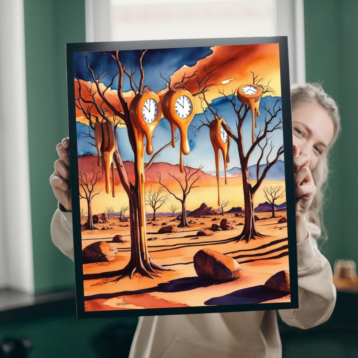 Melting Clocks Over Desert Trees Surrealist Fantasy Wall Art