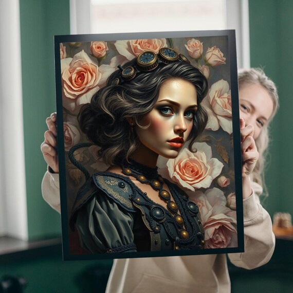 Steampunk Floral Portrait Woman Roses Goggles Elegant Art Print