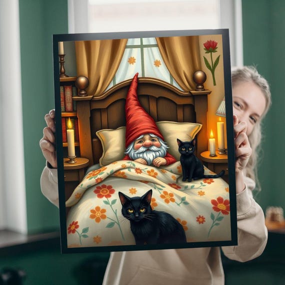 Sleepy Gnome in Cottage Bed with Two Black Cats Folk Art Poster