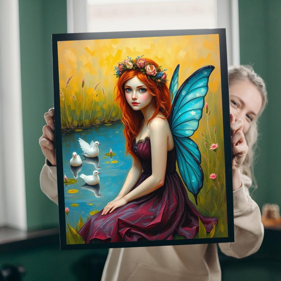 Magical Red Haired Fairy By Lily Pond With Ducks Fantasy Art Poster