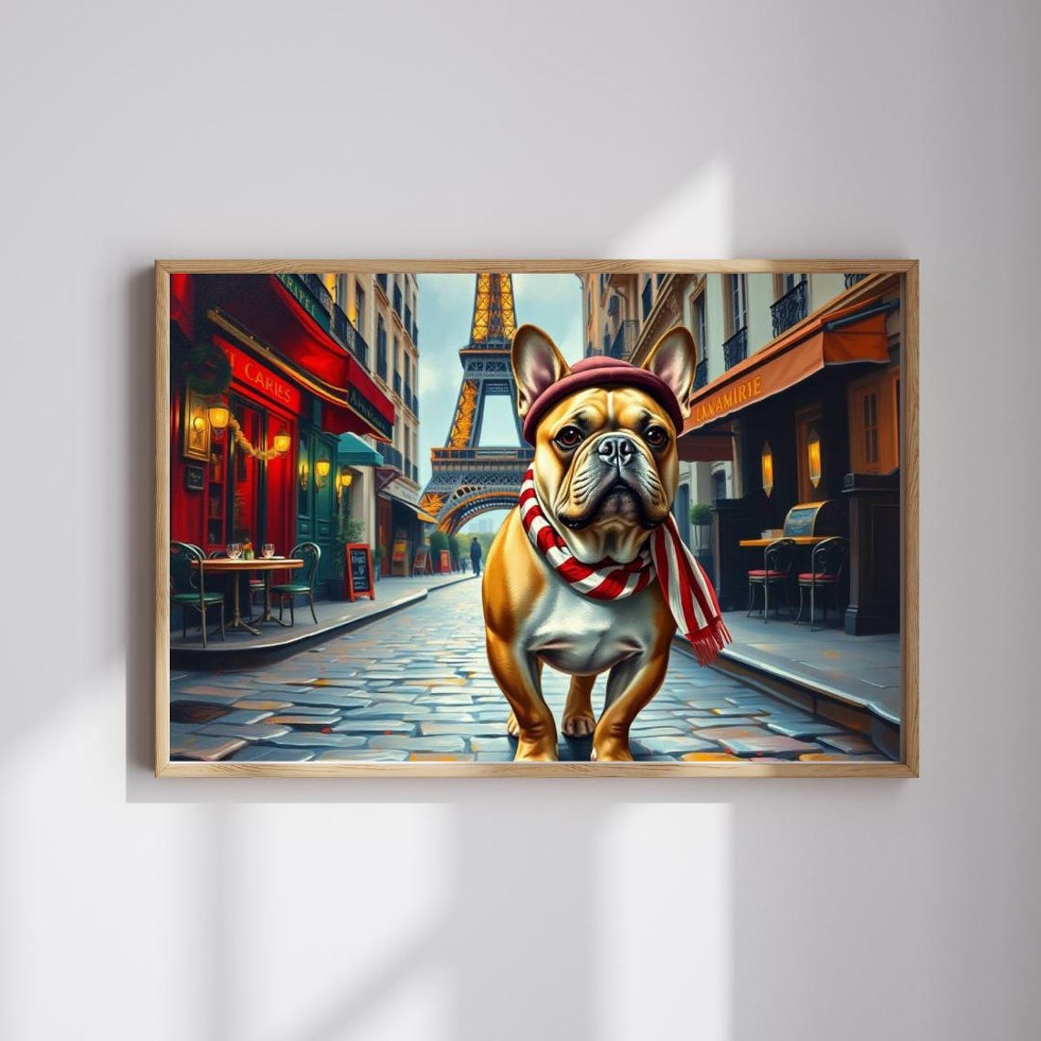 French Bulldog in Paris With Eiffel Tower Beret and Scarf Print