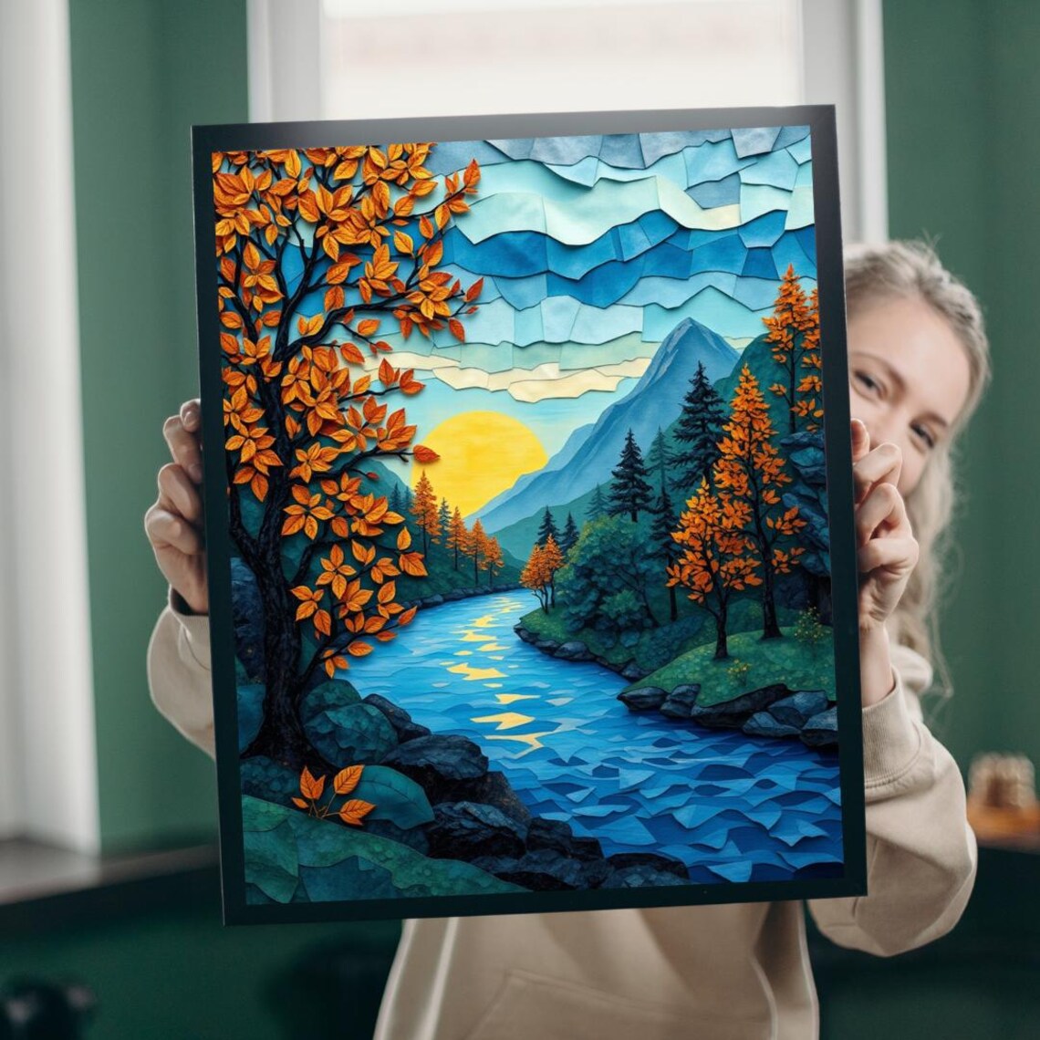 Mosaic Autumn Sunrise Landscape Puzzle, Art Print