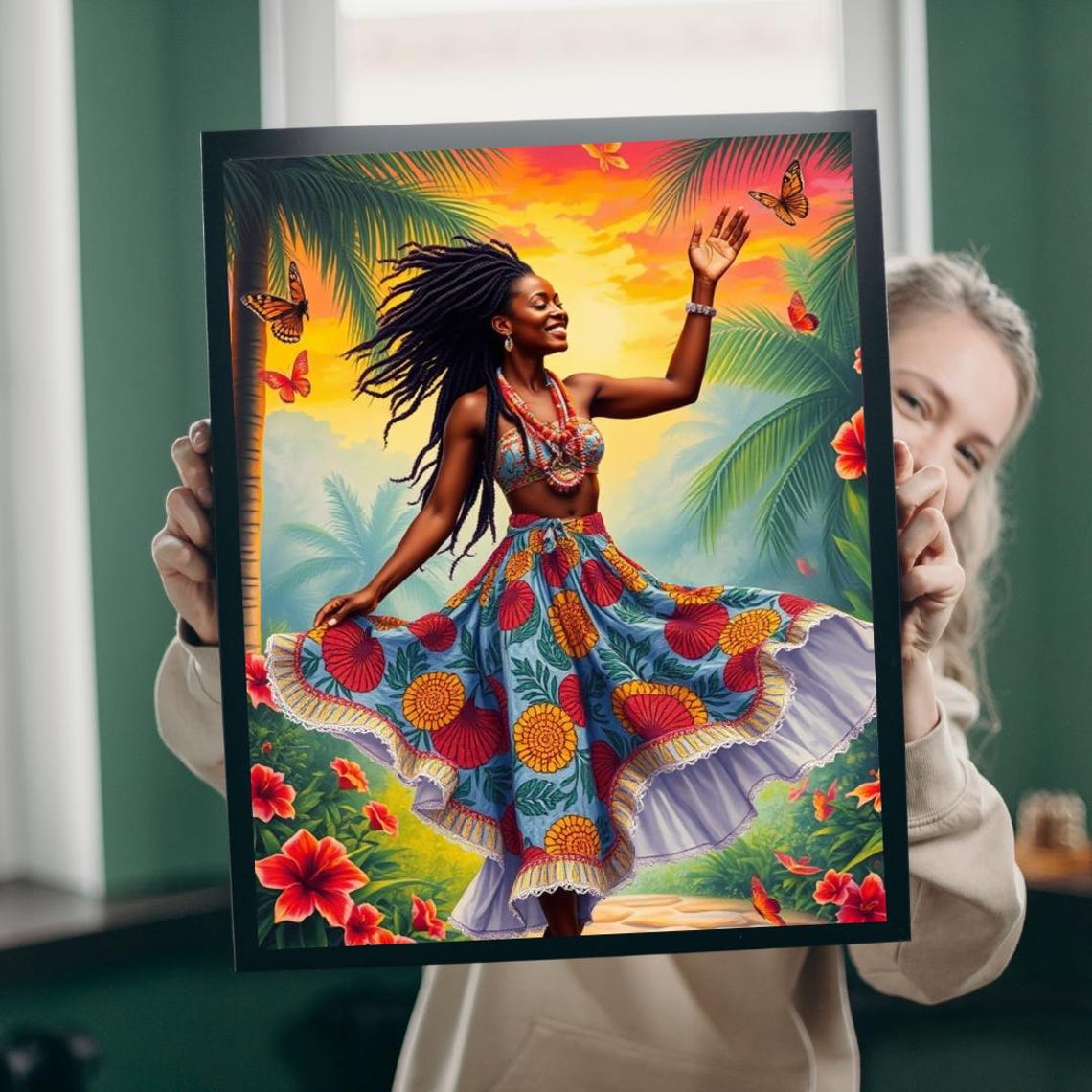 Joyful Tropical Dancer Palm Sunset Butterflies Festive Art Poster