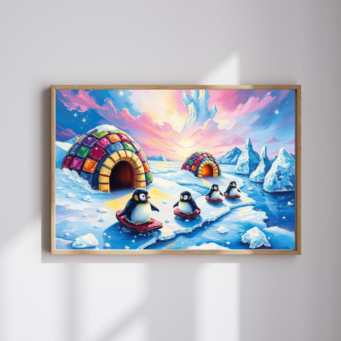 Penguins Sledding Colorful Igloos Arctic Sunset Winter Art Poster