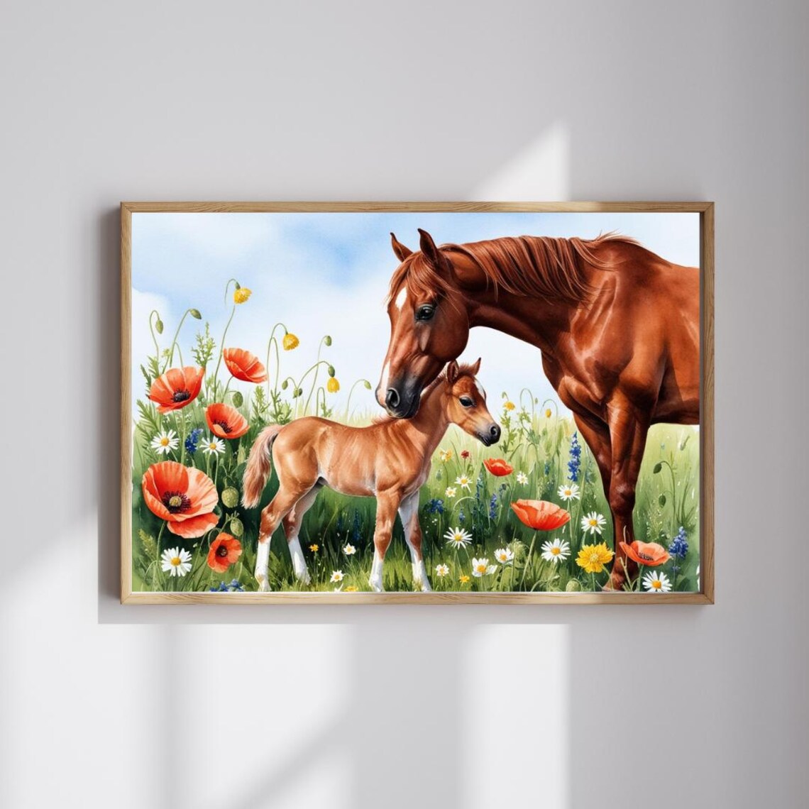 Chestnut Mare And Foal Watercolor Wildflower Meadow Horse Print
