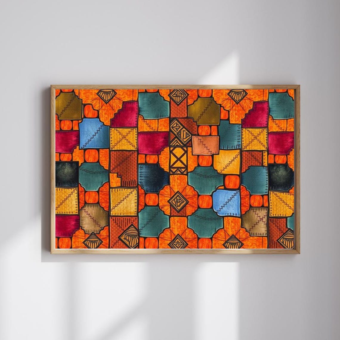 Moroccan Style Stitched Patchwork Geometric Warm Earth Tones Wall Art