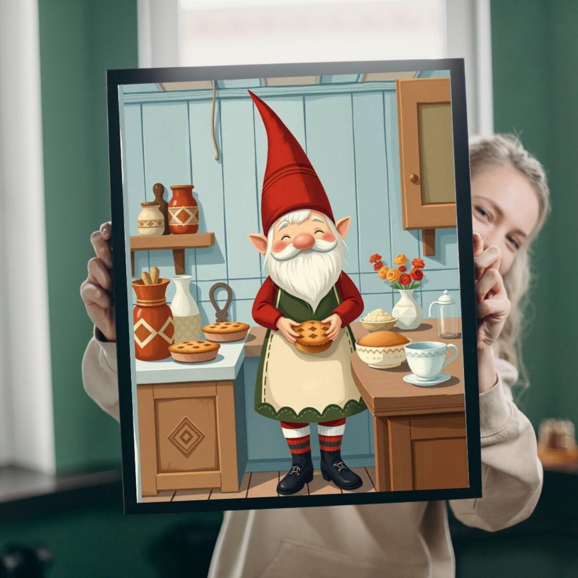 Smiling Gnome Holding Fresh Pie Warm Cottage Kitchen Storybook Wall Art