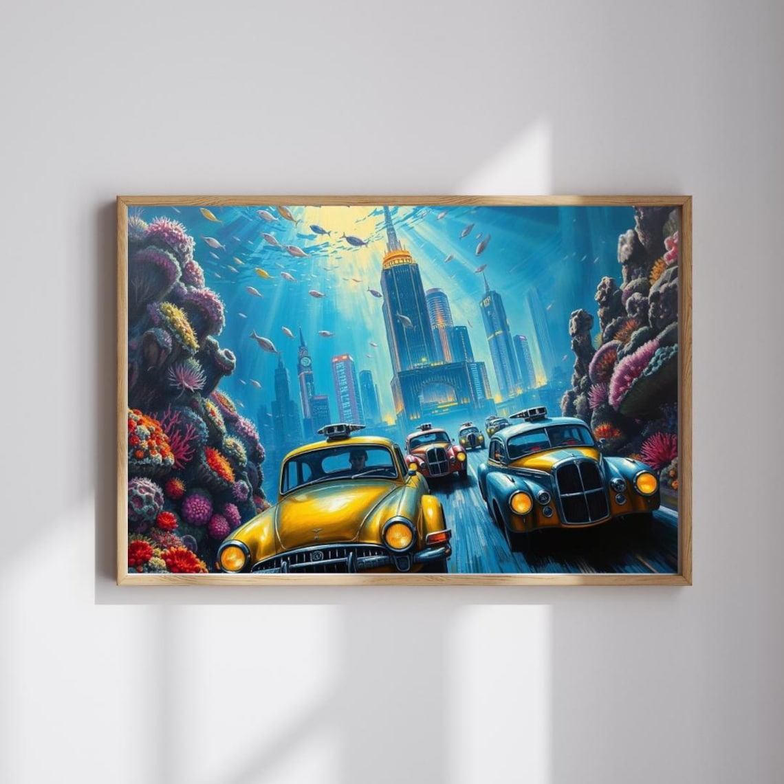 Underwater City Vintage Cars Coral Reef Surreal Automotive Poster