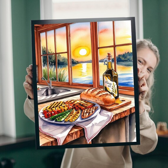 Sunset Kitchen Lakeside Window Watercolor Cozy Dinner Art Print