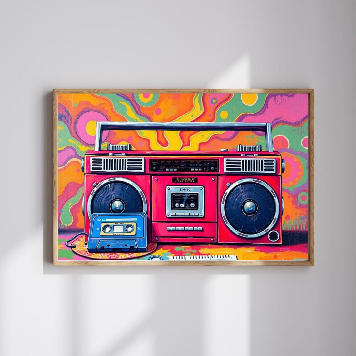 Retro Red Boombox with Cassette Tape Pop Art Music Room Poster