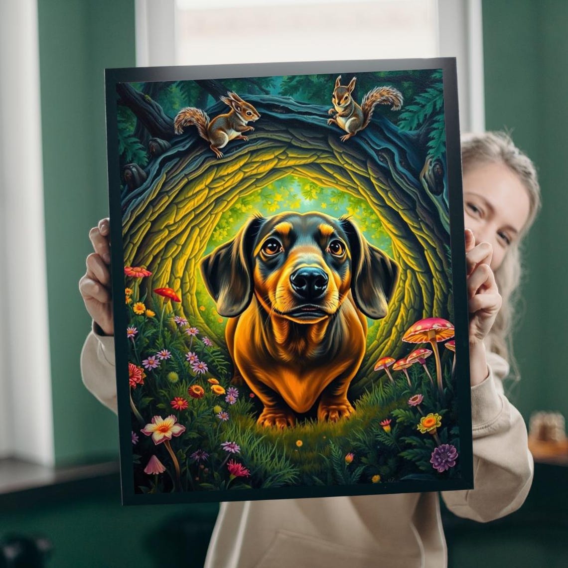 Dachshund in Enchanted Forest Arch Whimsical Woodland Animal Poster