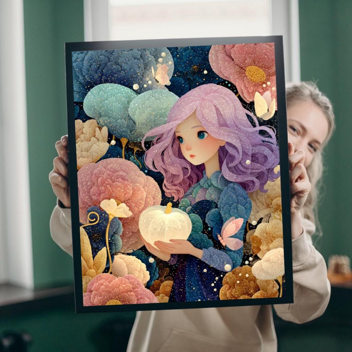 Enchanted Garden Fairy Girl With Lavender Hair And Giant Flowers Poster