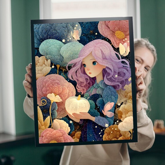 Enchanted Garden Jigsaw Puzzle Fantasy Girl With Lavender Hair Magical Pumpkins Autumn Scene