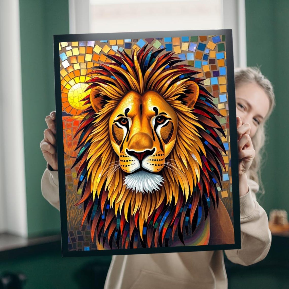 Majestic Mosaic Lion Portrait Against Sunset Savanna Sky Poster