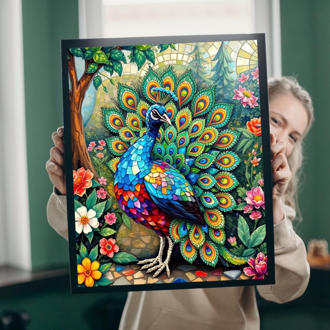 Jewel Toned Mosaic Peacock in Blooming Garden Floral Scene Poster