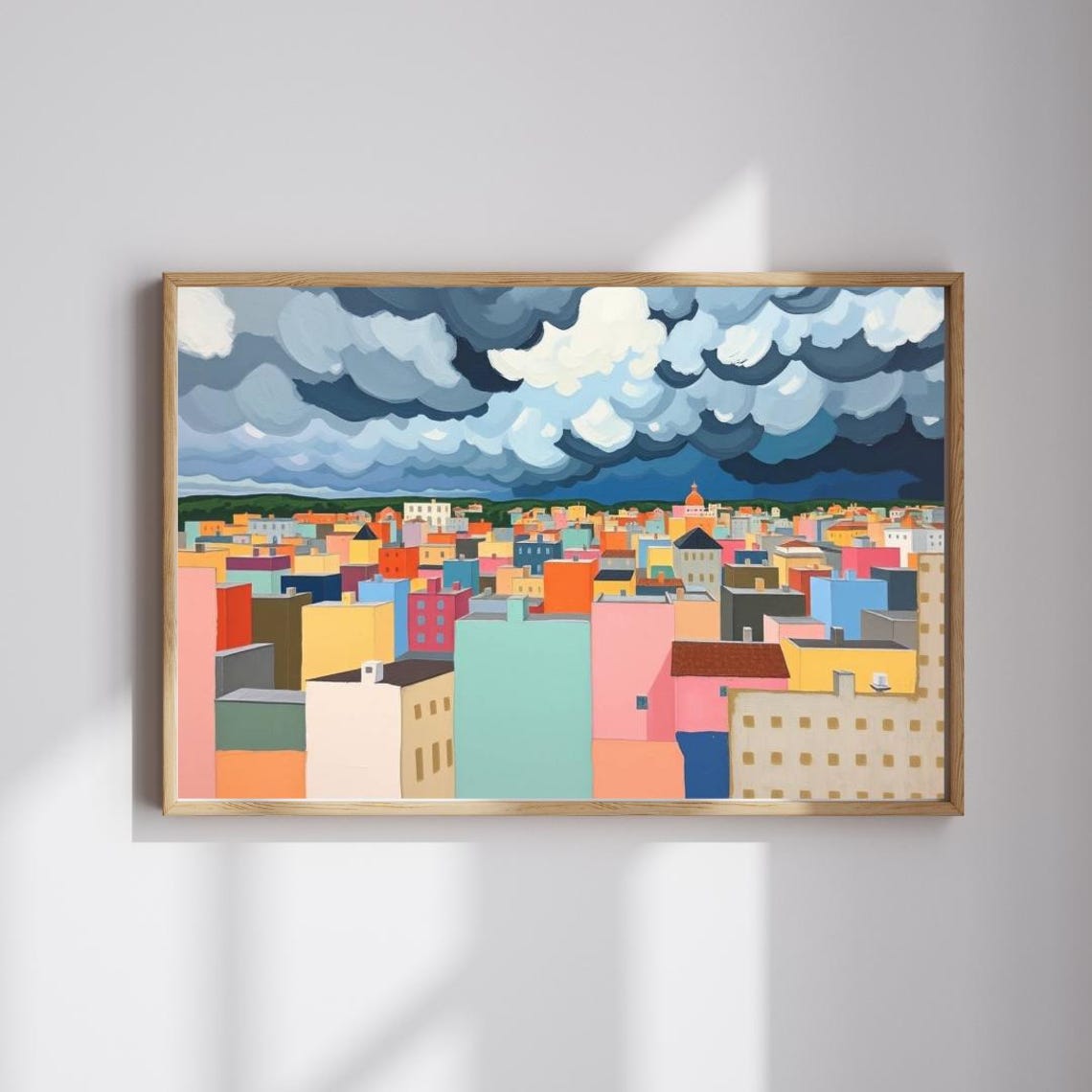 City Rooftops Under Dramatic Storm Clouds Pastel Urban Art Poster