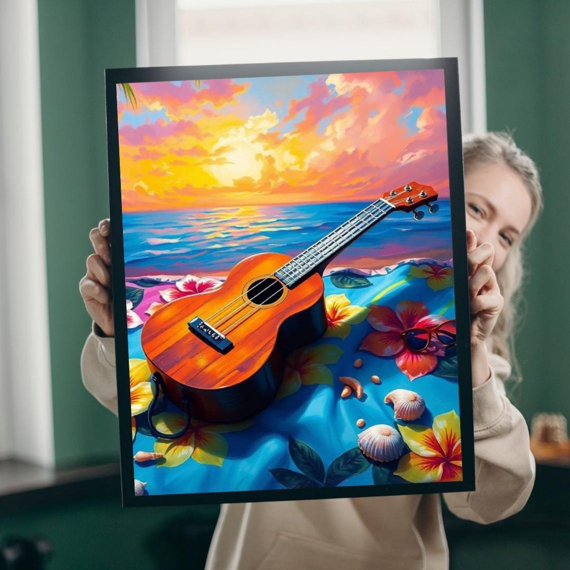 Ukulele Beach Jigsaw Puzzle Tropical Hibiscus Seashells Sunglasses