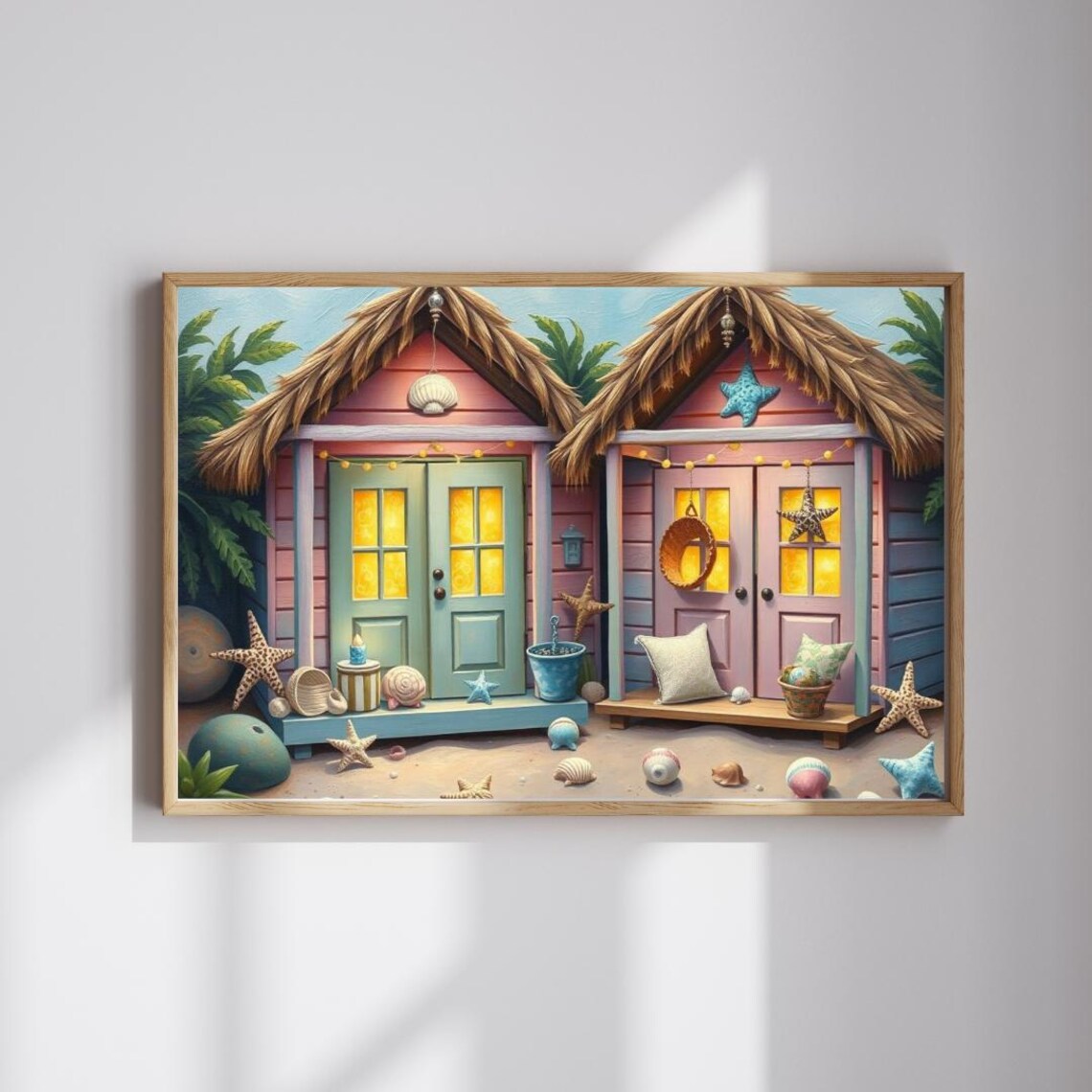 Pastel Beach Huts with Starfish Seashells Coastal Illustration Art Poster