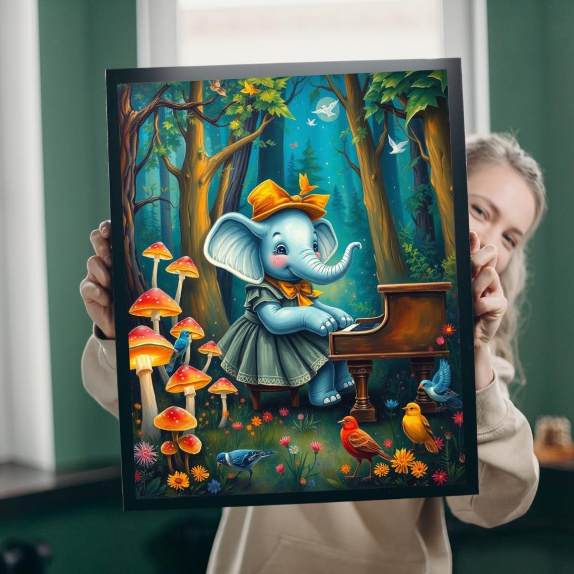 Baby Elephant Playing Piano Forest Mushroom Whimsical Art Poster