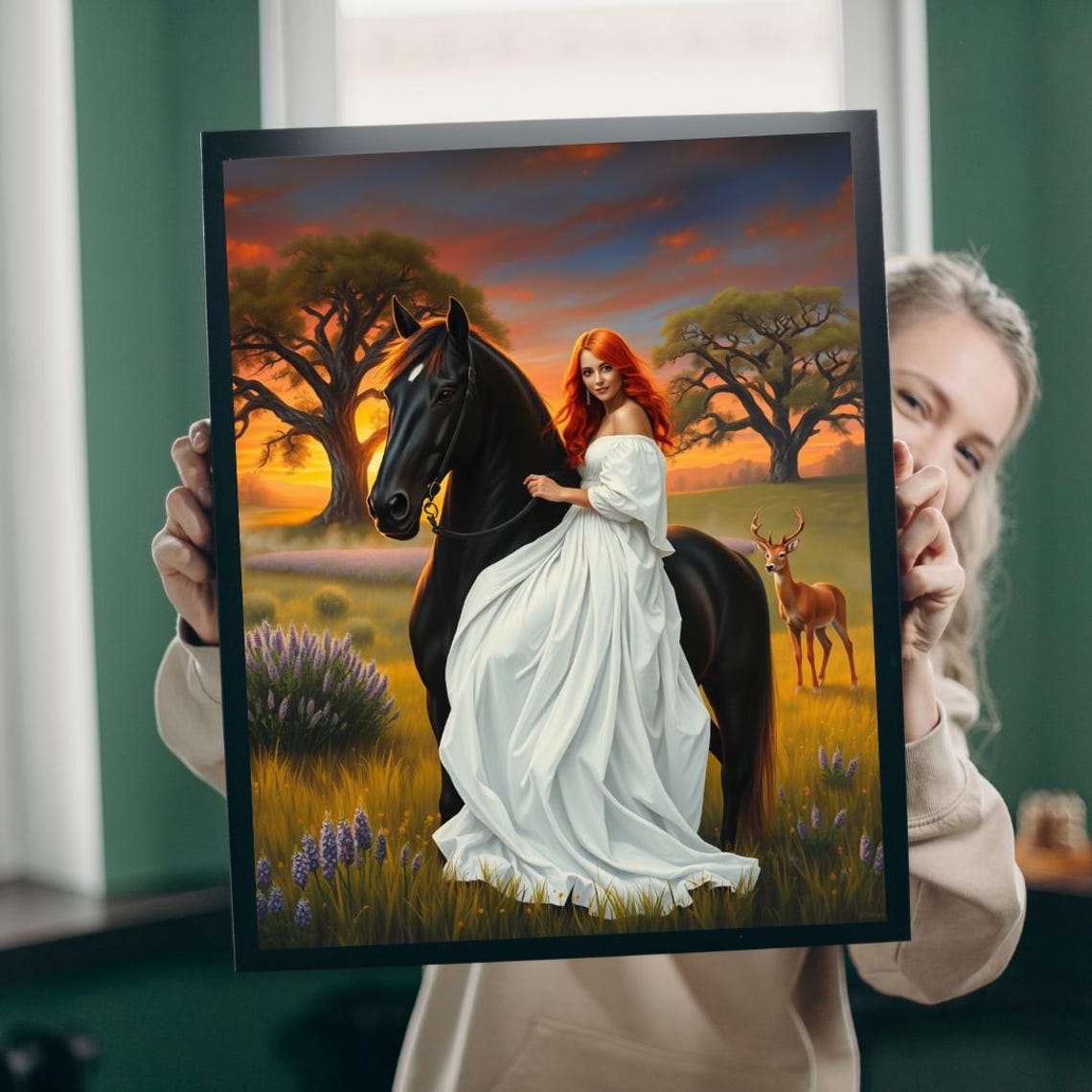 Red Haired Woman White Dress Black Horse Sunset Meadow Poster