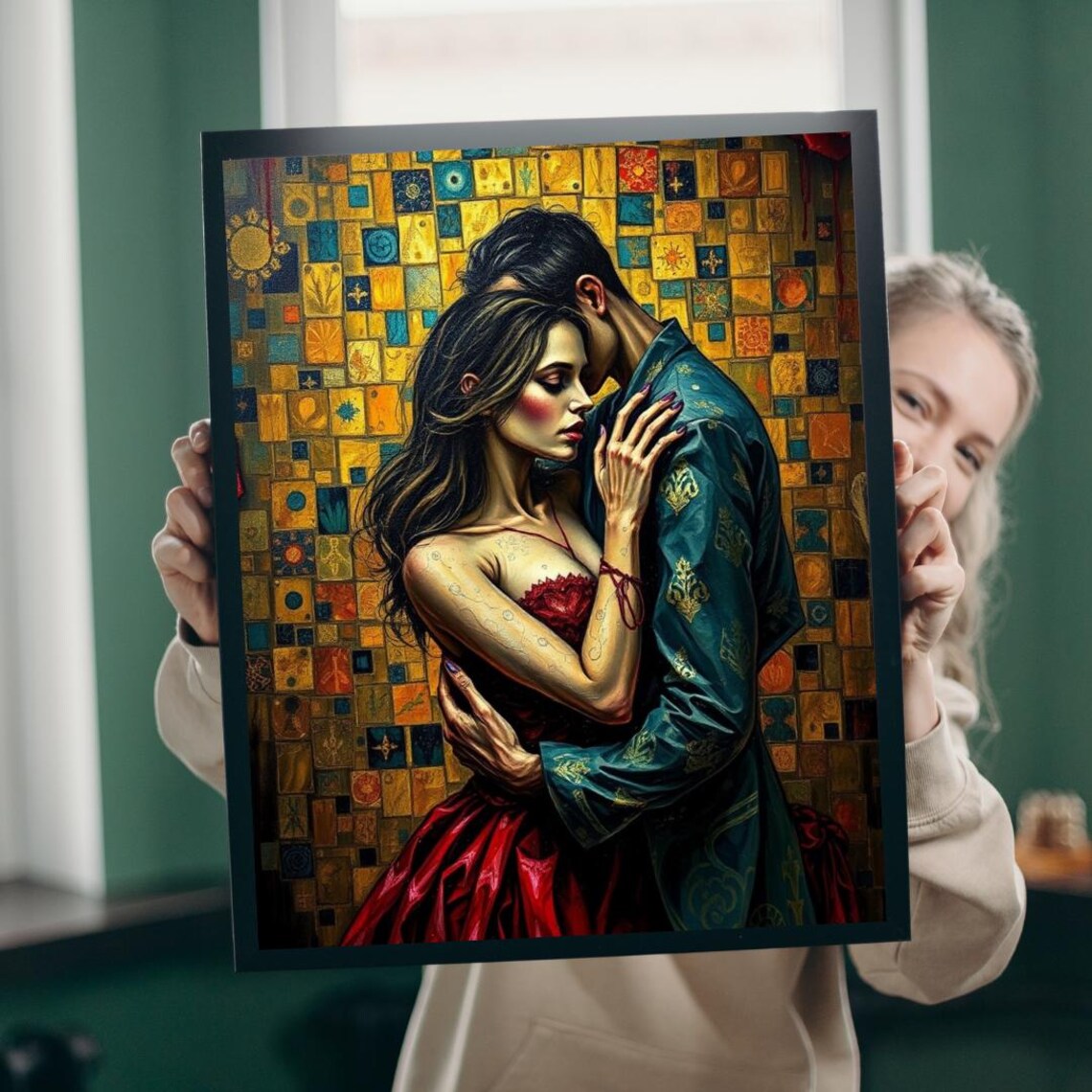 Gothic Couple Embrace Golden Mosaic Dark Romantic Lovers Art Poster