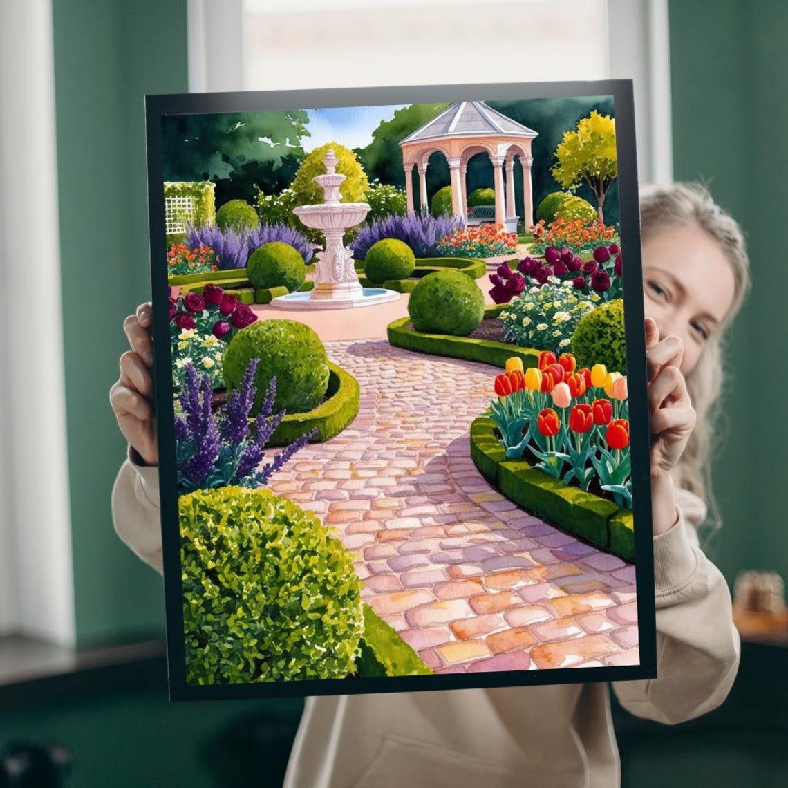 Formal Garden Fountain Gazebo Roses Topiary Watercolor Poster