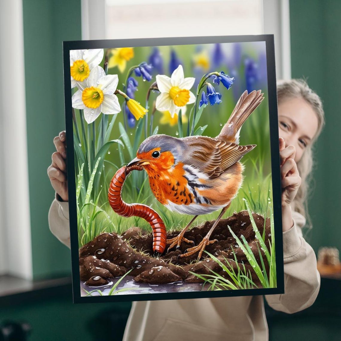 Robin With Worm Spring Flowers Daffodils Bluebells Bird Art Poster