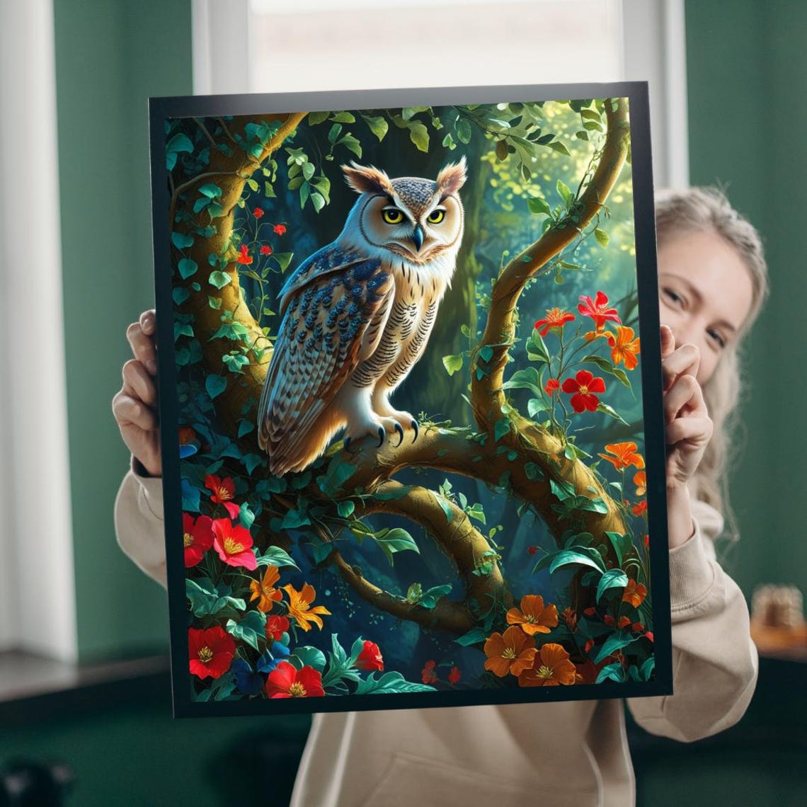Forest Owl Perched Blooming Tree Lush Floral Canopy Nature Poster