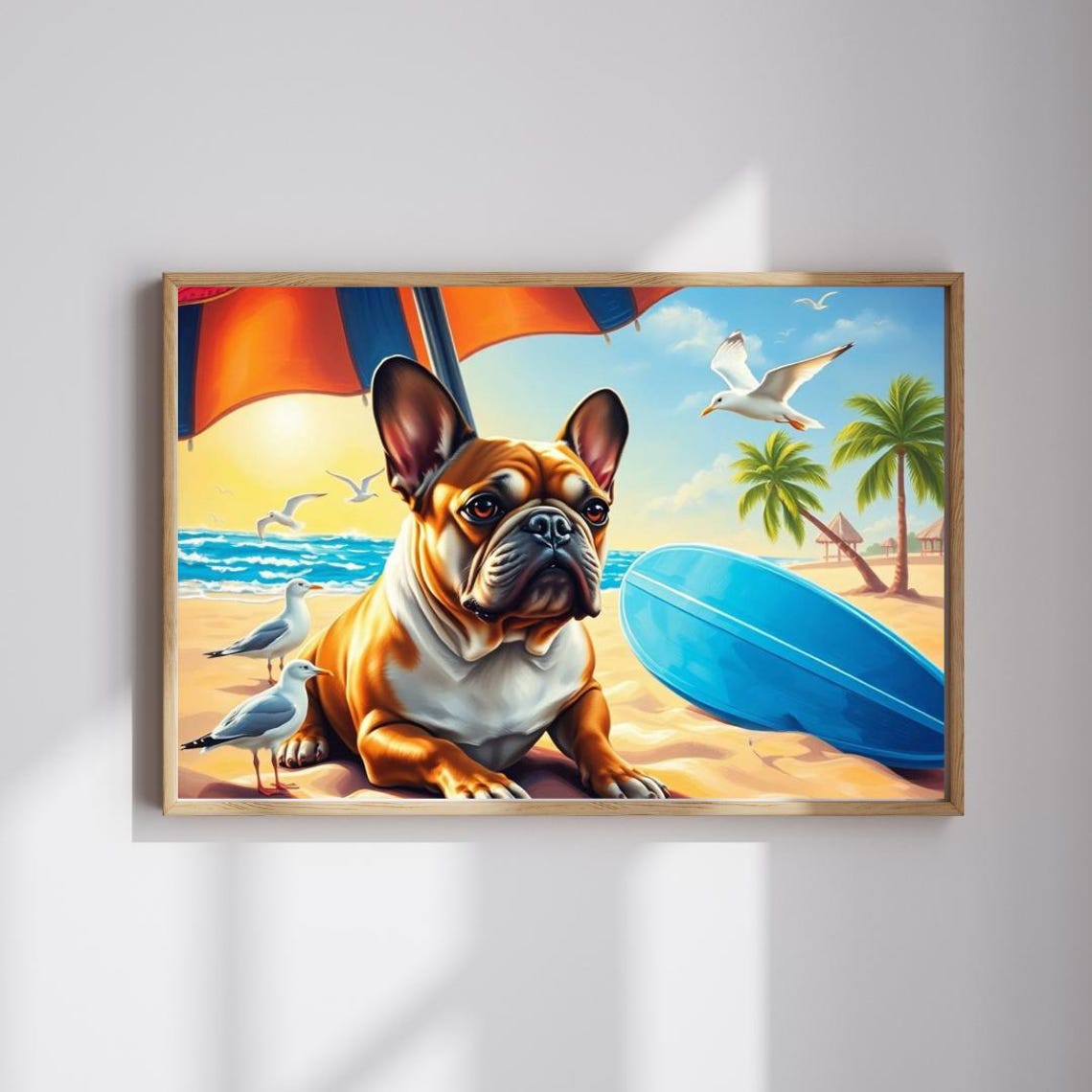 French Bulldog Relaxing on a Sunny Beach With Surfboard Art Print