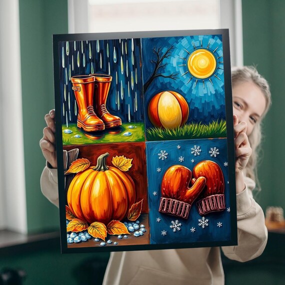 Four Seasons Collage Art Rain Boots Beach Pumpkin Mittens Poster