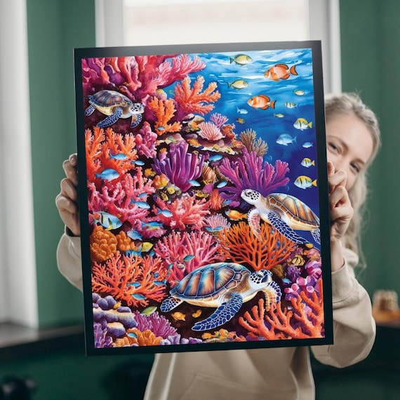 Sea Turtles Coral Reef Tropical Fish Vibrant Ocean Wildlife Poster