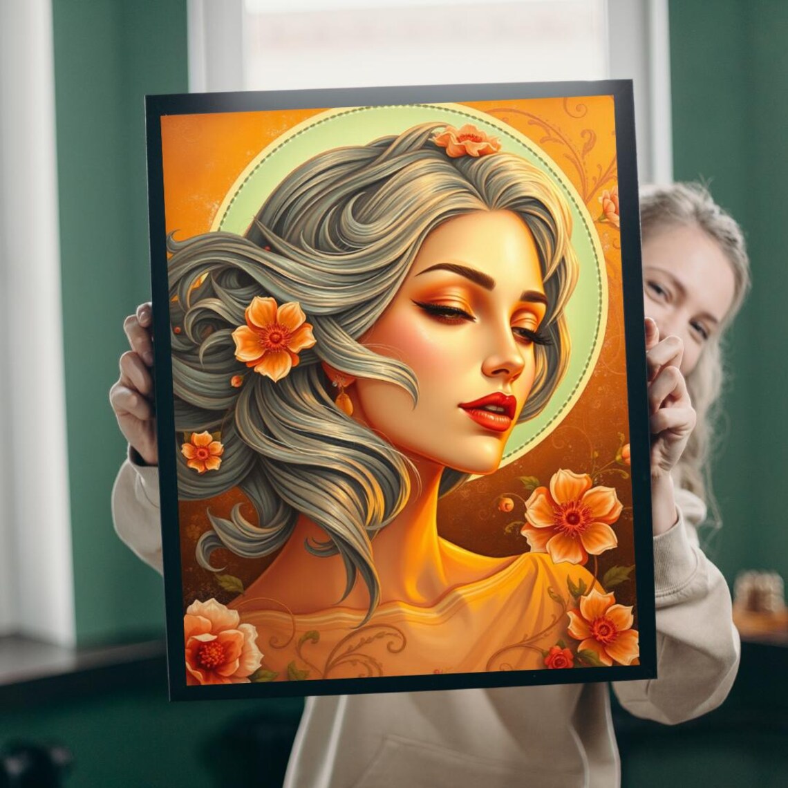 Silver Haired Woman Orange Floral Art Nouveau Portrait Poster