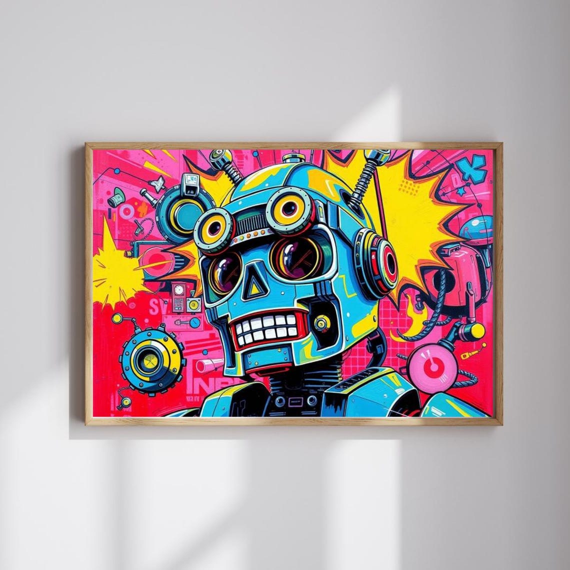 Blue Robot Head Pop Art Style Retro Futuristic Mechanical Poster