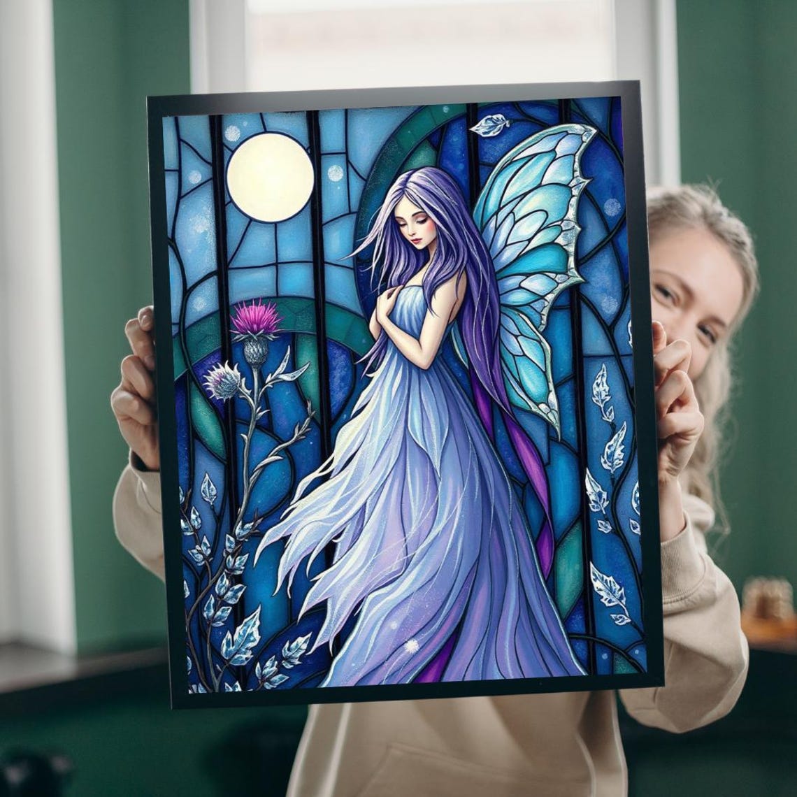 Blue Stained Glass Moon Fairy Night Garden Fantasy Art Print