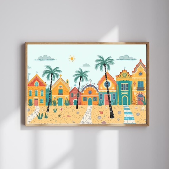 Colorful Beach Village Illustration Palm Trees Sunny Seaside Art Poster