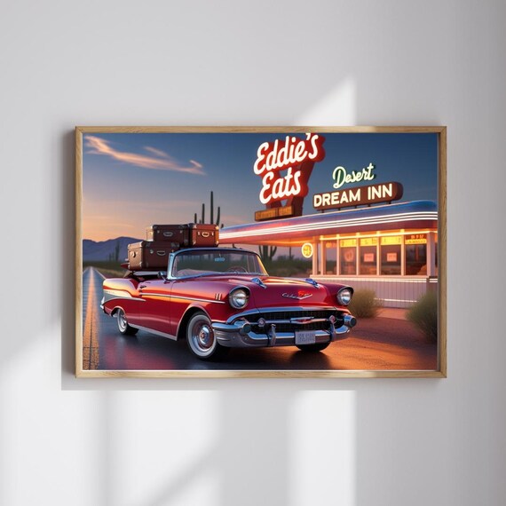 1950s Red Convertible Neon Diner Retro Desert Road Trip Poster