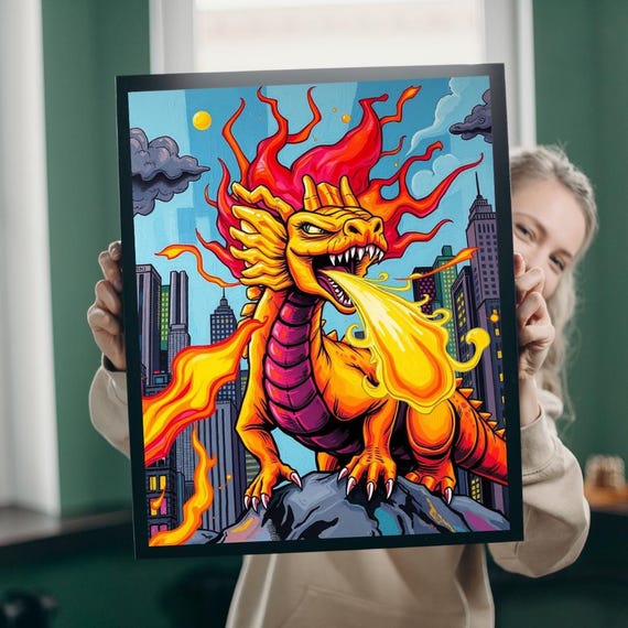 Fiery Dragon Jigsaw Puzzle Pop Art Vintage Artwork