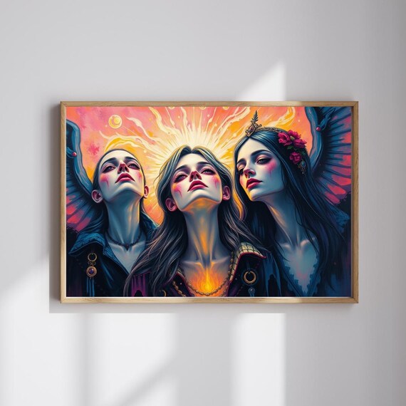 Mystical Triple Goddess Winged Women Gazing At Sunrise Poster